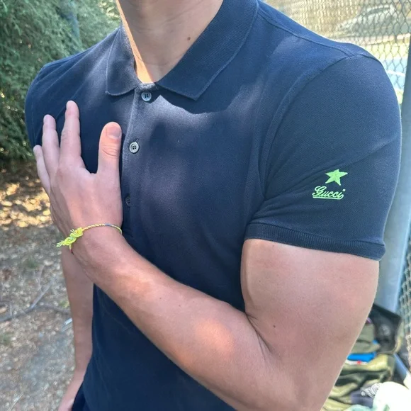 GUCCI SHOOTING LUCKY STAR NEON VOLT GREEN NAVY BLUE UNIFORM POLO SHIRT TENNIS S - Picture 5 of 16